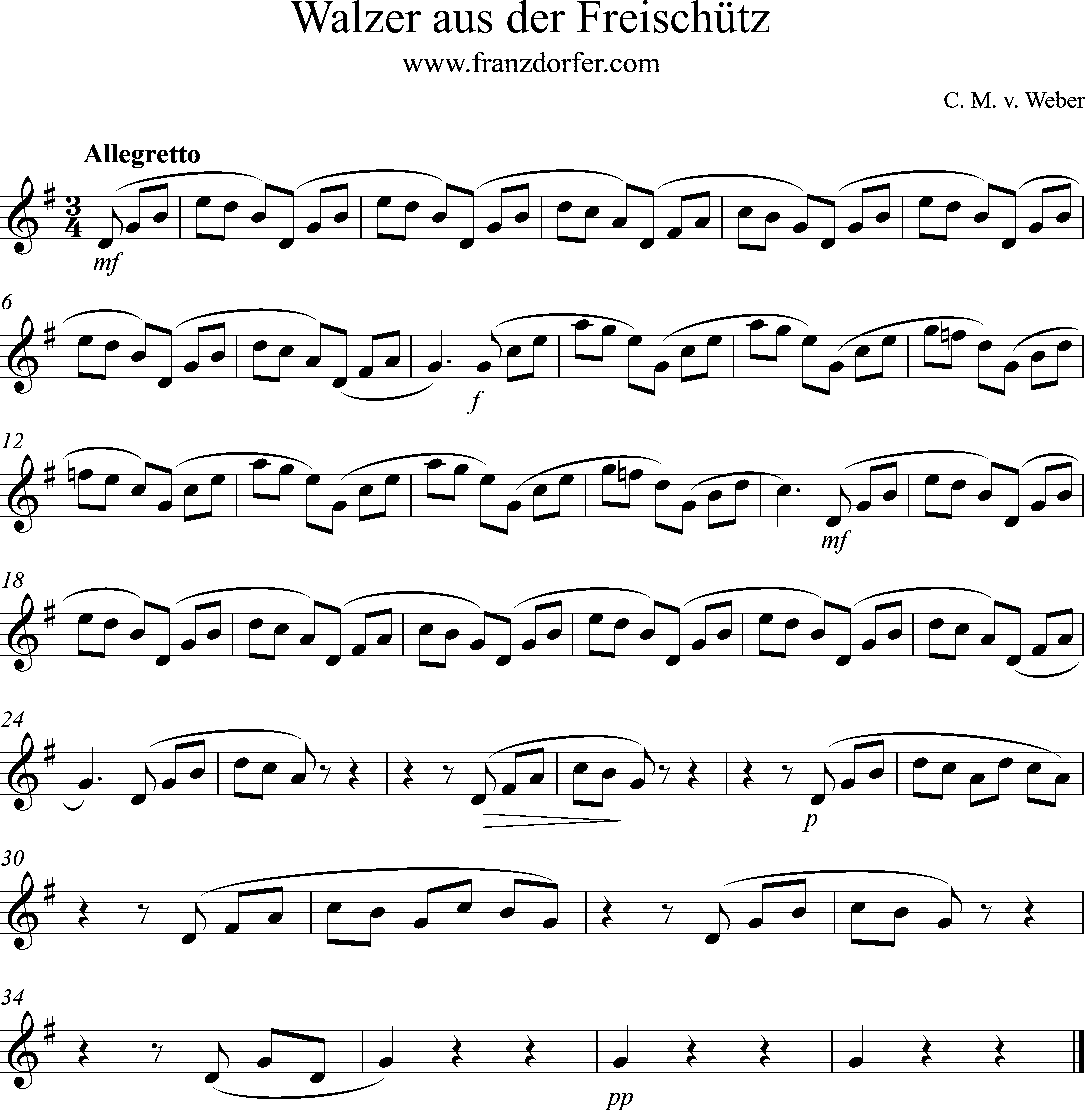 Noten Melodie Freischütz Walzer-G-Dur
